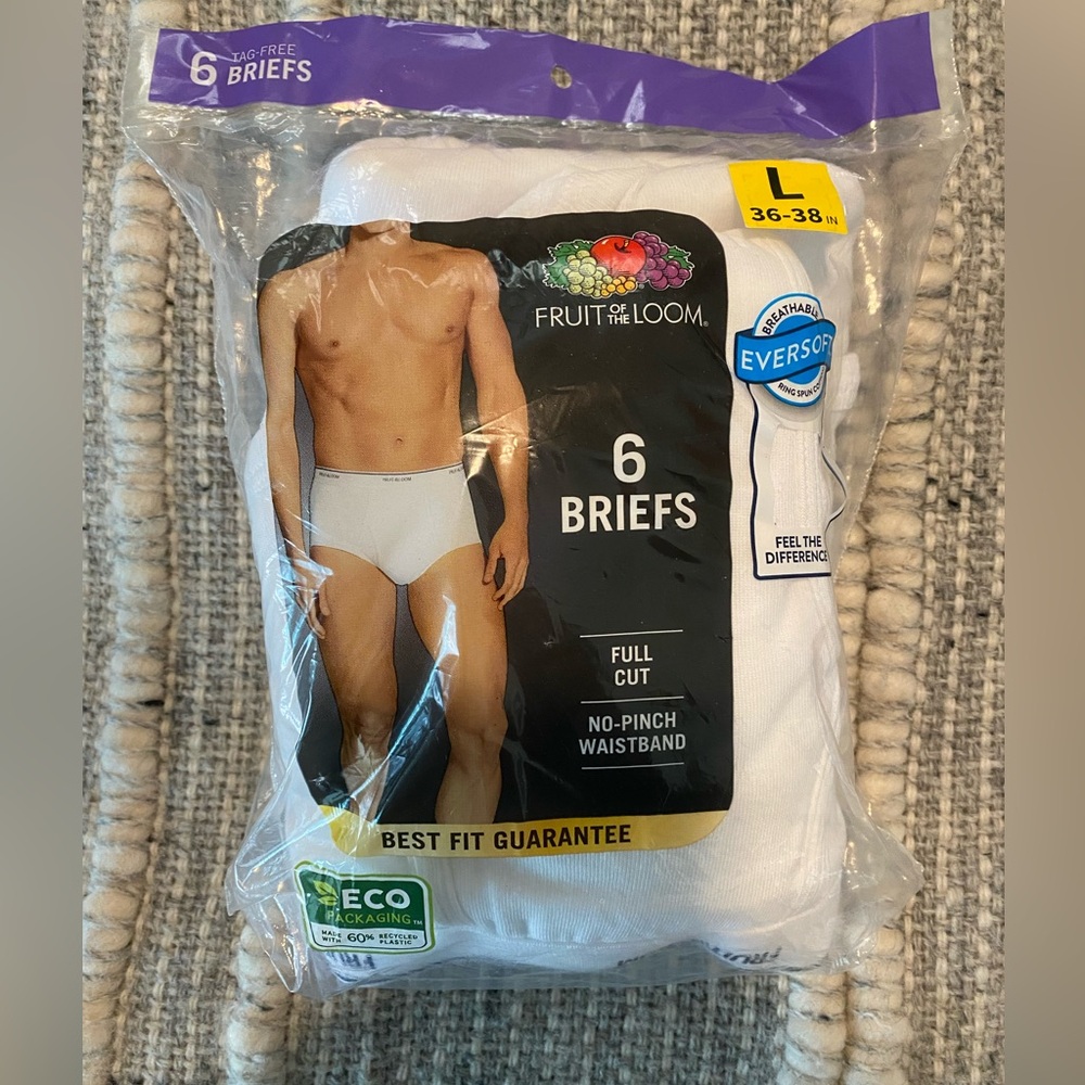 NWT Fruit of the Loom Mens Tag-Free 6 Pk Full Cut No Pinch White Briefs Size L